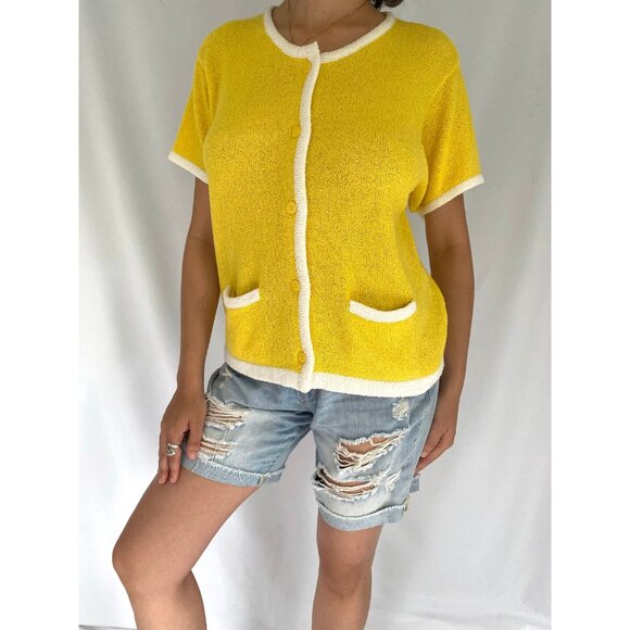 90s vintage yellow knit beach vacation slouchy fun short sleeved button up shirt - Picture 3 of 8